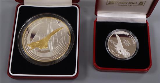 Alderney Mint £10 Concorde Final Flight silver proof coin and a Pobjoy Mint Concorde 25th Anniversary Proof coin, boxed, certificates